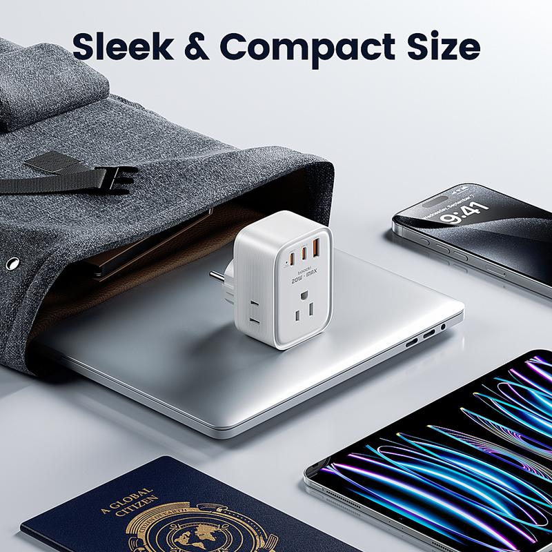 USA to Europe International Plug Adapter, Toocki Travel Adapter, (Single C port 20W Max, USB-A port 18W Max) with 3 AC, 2 USB-C, and 1 USB-A Port, Ideal for iPhone 15, iPad Air, and More,for USA to EU Germany France Iceland Italy  Greece fast charge