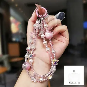 Houlang Small-Scale Design Phone Chain Lanyard, Personalized Glitter Beads Pearl String Bracelet, High-End Women's Creative Double Chain Pendant, Phone Case Lanyard, Bag Pendant, Hand Strap, New Product