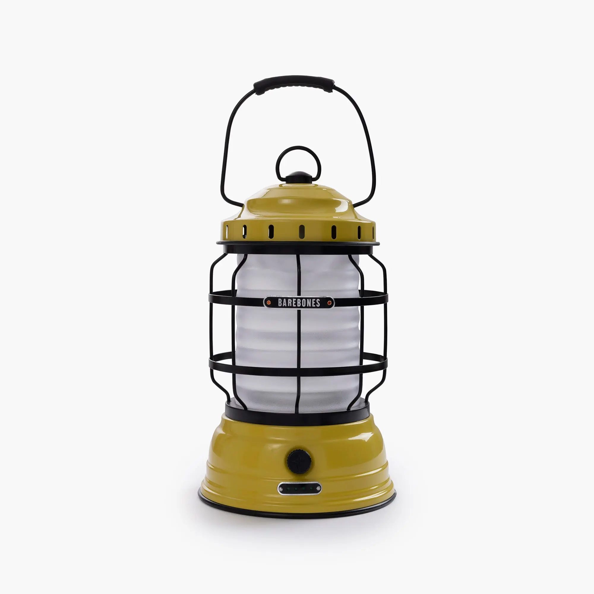 Barebones Minimalist Retro-Style LED Forest Lantern—a dimmable, rechargeable, and replaceable-battery camping lantern perfect for outdoor adventures, backyard gatherings, and emergencies