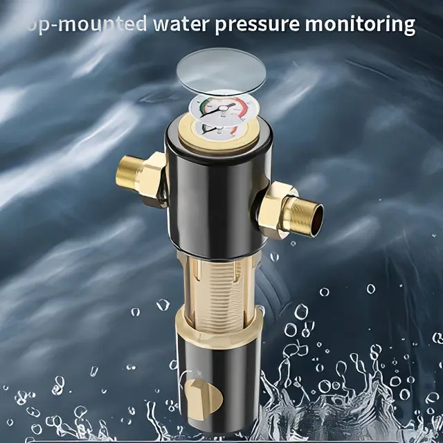 Top-Mounted Water Pressure Monitoring Device with Brass Connections and Pressure Gauge for Home Use