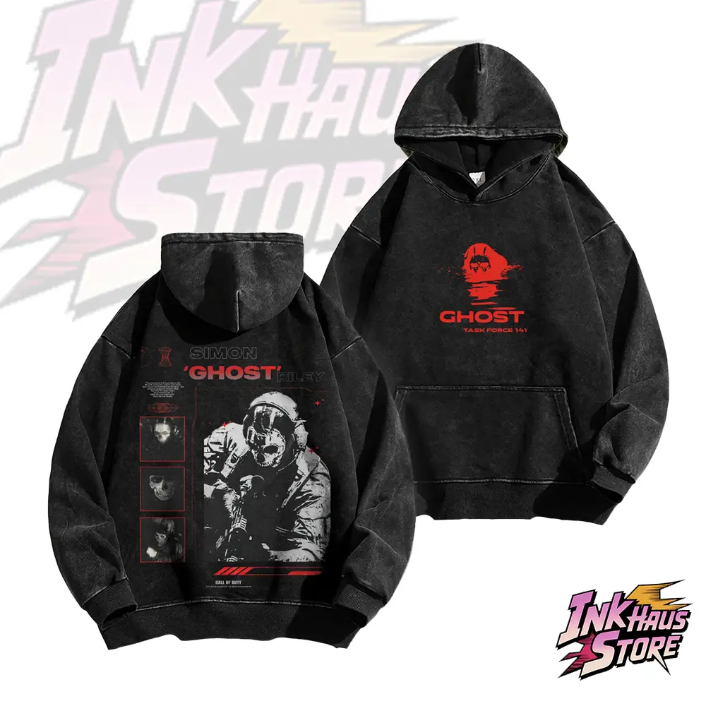 COD acid wash hoodie sweatshirt, featuring a print of the character Simon "Ghost" Riley -Long Sleeve Unisex Vintage Retro Style