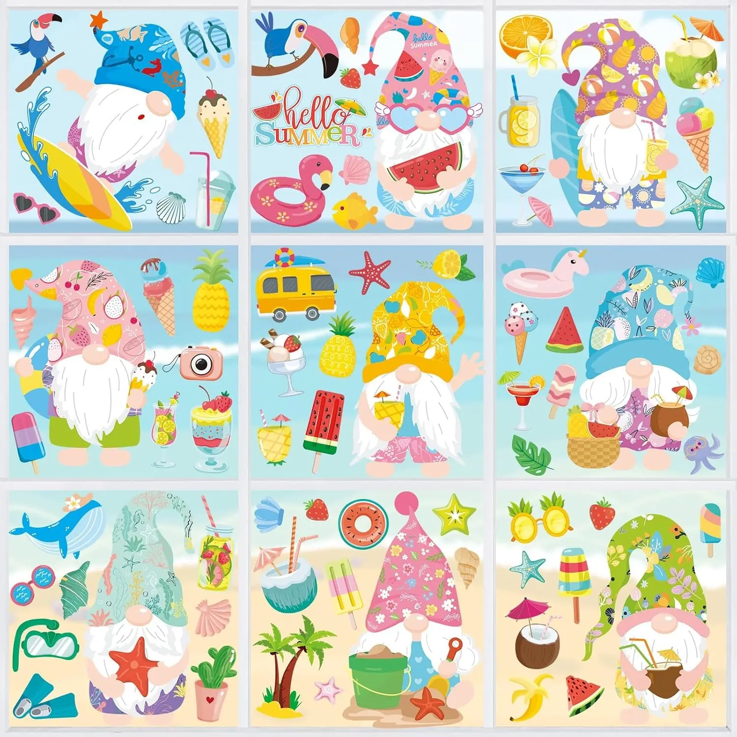 9 Sheet Summer Window Clings, 83 PCS Double-Side Summer Window Stickers Gnome Pool Beach Glass Sticker Decal for Holiday Home Office School Party Decor Supplies