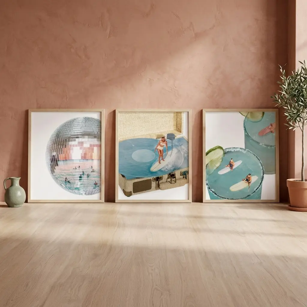 Surreal Beach Surfing Wall Art Set of 3 | Disco Ball & Vinyl Record Player Collage Print | Retro Cocktail Summer Decor, Trendy Gallery Wall