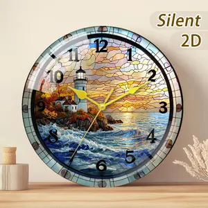 Glass/wooden Decorative Clock, Creative Wall Clock with Lighthouse Sunset Design, Battery Operated, Modern Style, Home Decoration