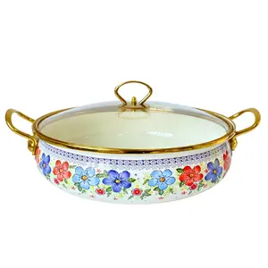 Flower Pattern Enamel Shallow Pot with Lid & Handle, 1 Count Kitchen Cookware for Pasta, Soup, Stew, Durable and Sturdy Cooking Pot for Home Use
