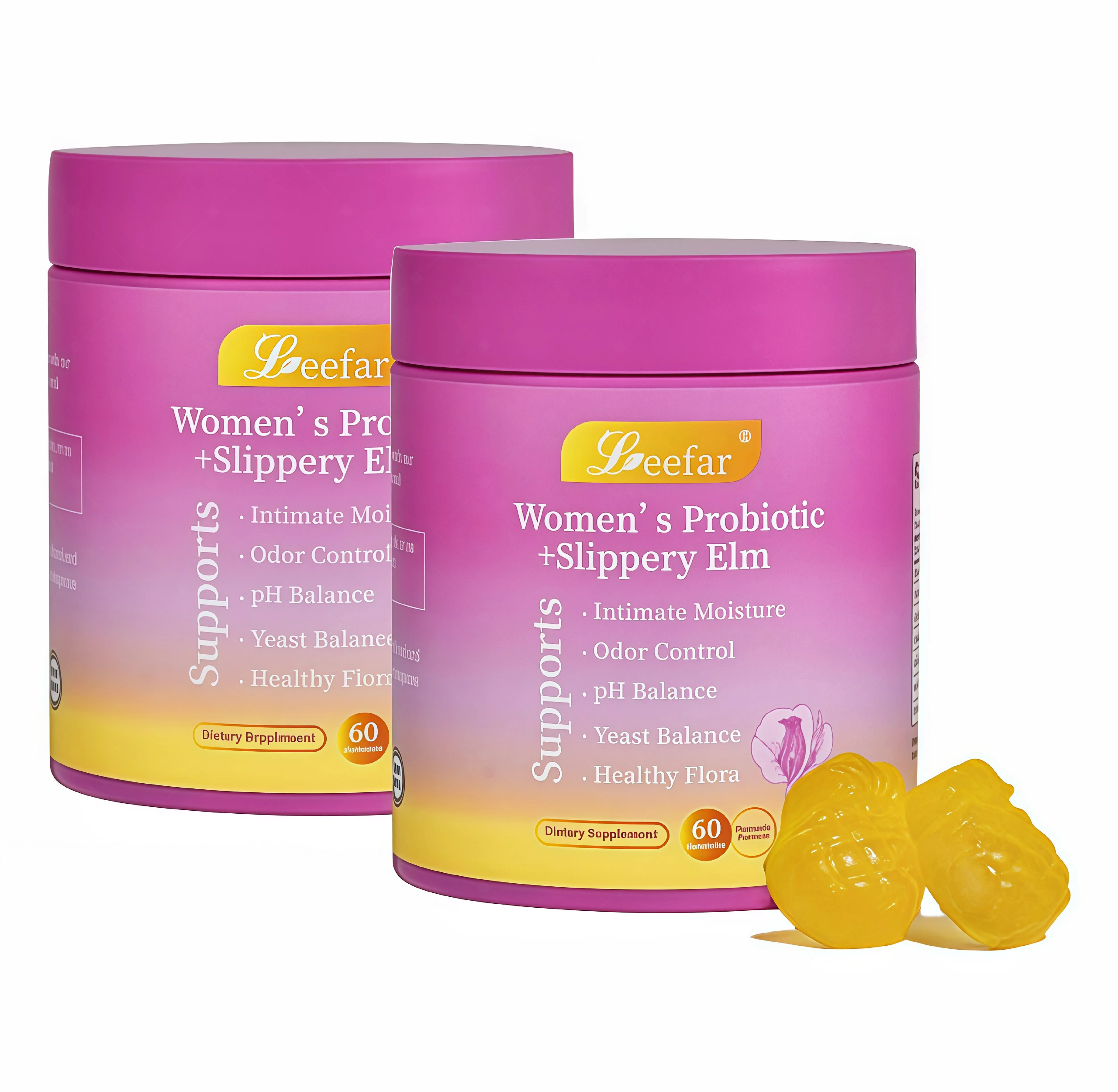 2 Botte LEEFAR Her Probiotics Gummies FT - All in One Solution with Slippery Elm and Prebiotics & Lactobacillus Probiotic Blend for Women's pH Balance and Dryness Hawaiian Pineapple Gummies Dietary Supplement
