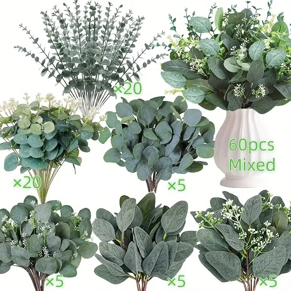60 Pieces Artificial Flowers, Mixed Eucalyptus Leaves and Stems, Silver Color Eucalyptus Leaves, Wedding Vase Arrangements, Floral Decorations, Plants, Decorative Bouquet