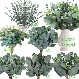 60 Pieces Artificial Flowers, Mixed Eucalyptus Leaves and Stems, Silver Color Eucalyptus Leaves, Wedding Vase Arrangements, Floral Decorations, Plants