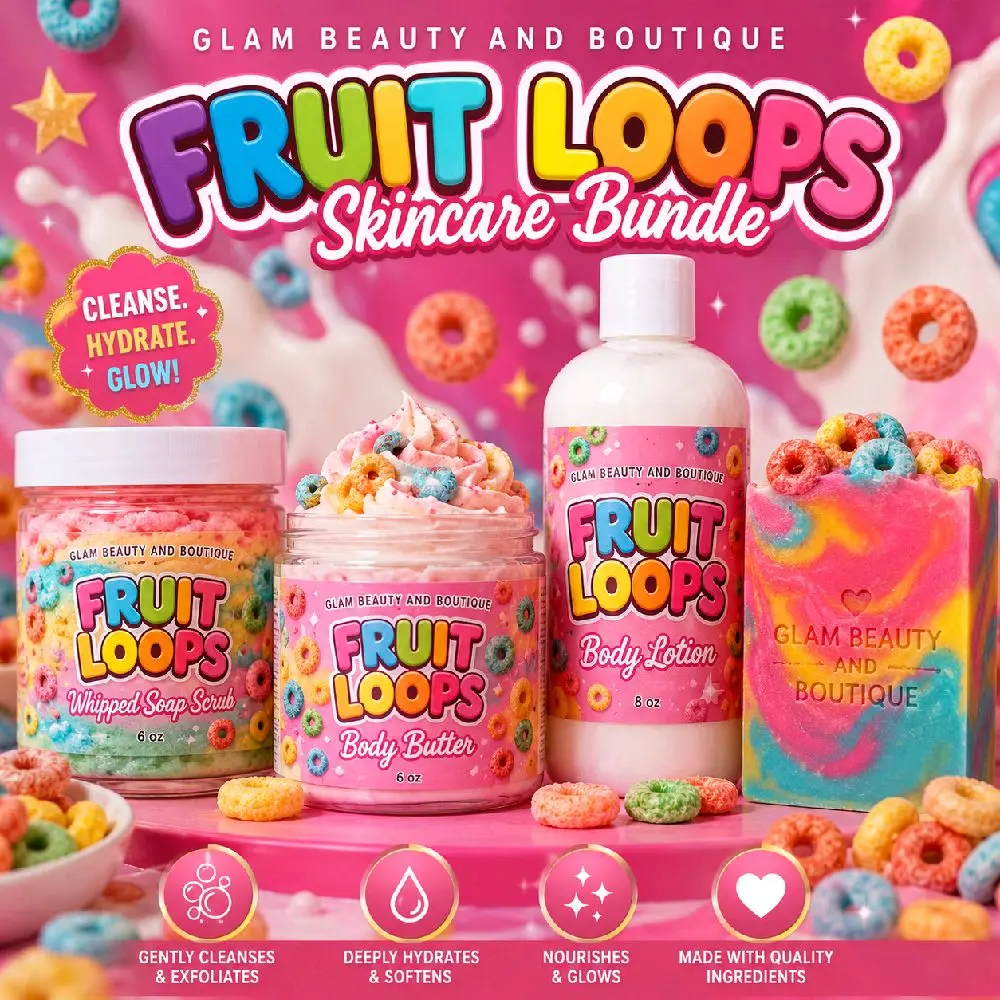 Fruit Loops Bath & Body Gift Set. Handmade  All Natural Skincare Bundle. Body Butter, Whipped Sugar Scrub, Body Lotion & Soap Bar Bundle Moisturizing