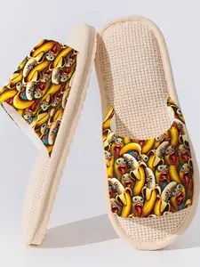 Banana Party Linen Slippers, Fun Animal Print, Breathable Non-Slip Sole, Casual Home Wear, All Seasons, Asymmetrical Design