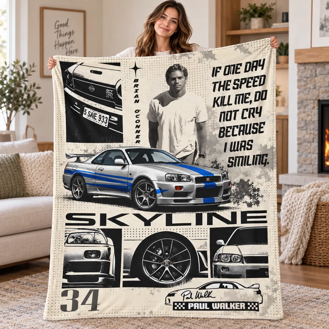 P@ul Walker Brian 0’C0nner Flannel Blanket, Sports Car Tribute Throw Blanket, Racing Movie Fan Cozy Blanket for Couch Bed Sofa Garage Room Decor Gift