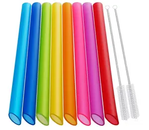 [Angled Tips] 8 Pcs Reusable Boba Straws & Smoothie Straws - Multi Colors Jumbo Wide Reusable Straw, BPA FREE Food-Grade Plastic Straw for Bubble Tea(Tapioca, Boba Pearls), Milkshakes with 2 Brushes