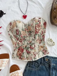 Plus Size Women's Colorful Retro Floral Jacquard Weave Bustier, Palace Style Front Button Bralette,Going Out Tops Floral Tube Top Corset Tops For Women Floral Corset Top Vintage Top,Holiday