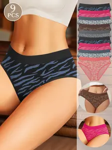 Women's Low Waist Leopard Print Seamless Underwear Set, High Elasticity Breathable Fit, 9 Pieces Pack, Comfortable Daily Wear
