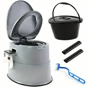 Extra Large Portable Toilet for Adults Indoor Outdoor Commode W/Detachable Inner Bucket & Removable Paper Holder, Lightweight & Compact for Camping, Boat, Van, Emergency Use
