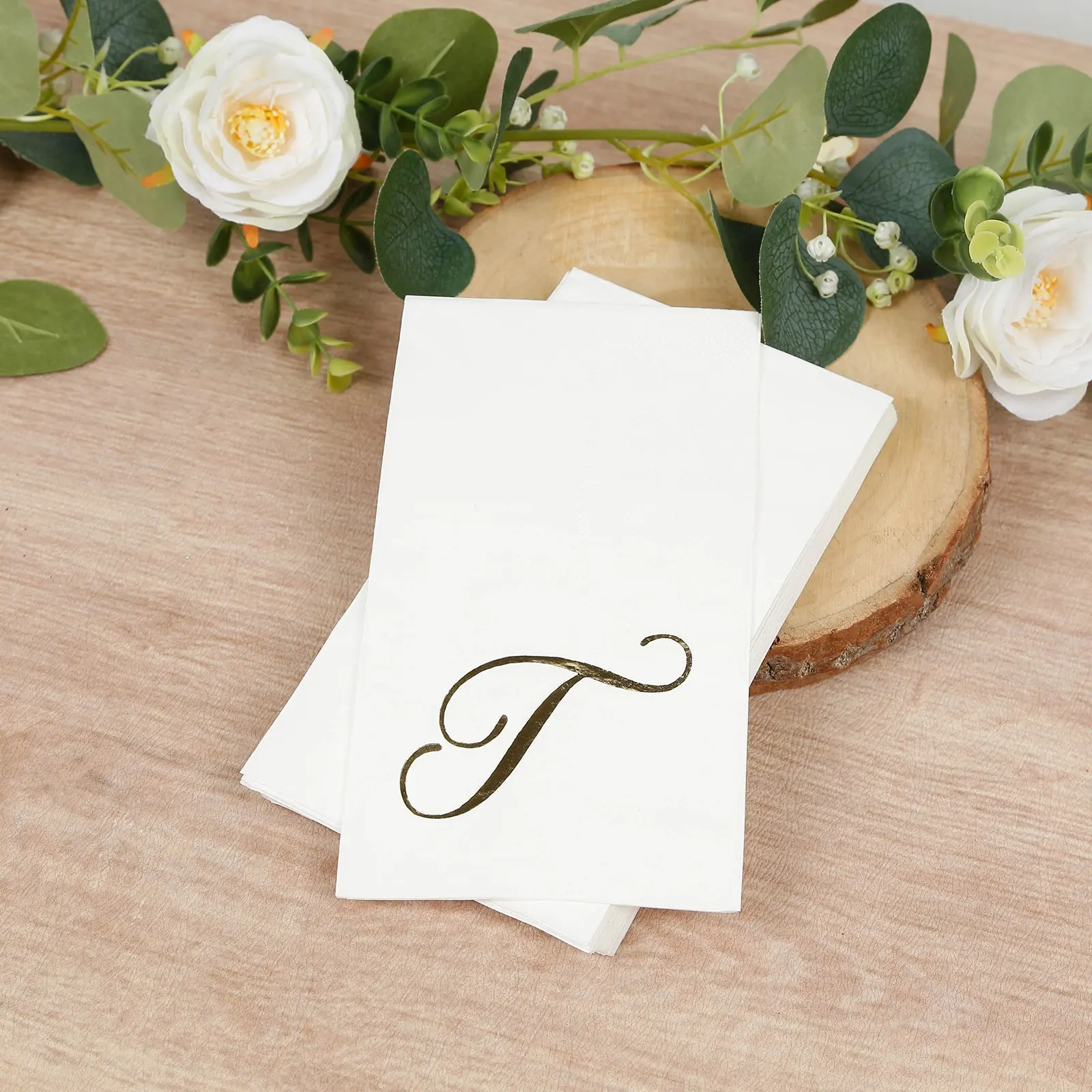 Decorative Napkins, Disposable Paper 100-Count Bulk Pack - White with Gold Foil Monogram 'T', 8"x4" Folded, for Wedding, Birthday Events, Home & Restaurant Tableware Supplies, Party Supplies