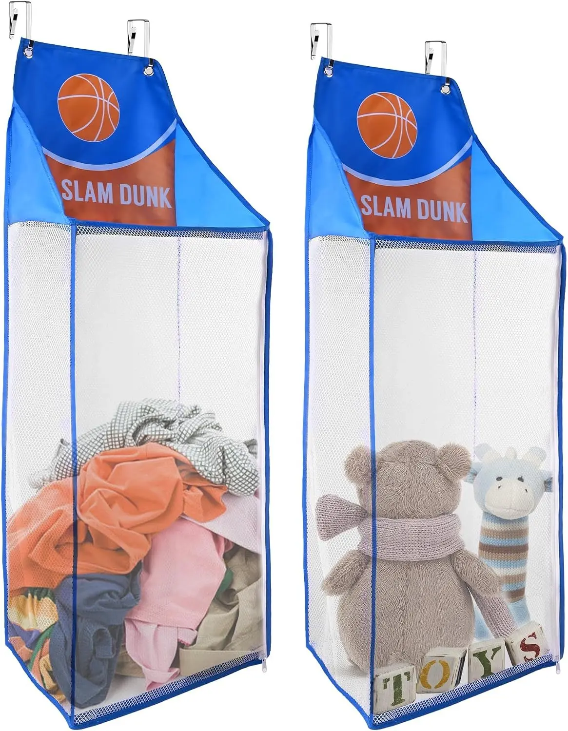 2 Pack Over the Door Laundry Hamper, Hanging Basketball Laundry Hamper with Zipper, Foldable Mesh Laundry Bakset for Dirty Cloth Toy Towel Saving Space Storage and Organization - Basketball