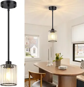 1 Pack Black Pendant Lights Kitchen Island, Modern Kitchen Island Lighting with Crystal Shade, Adjustable Height Hanging Ceiling Pendant Lights for Sink Dining Table Hallway