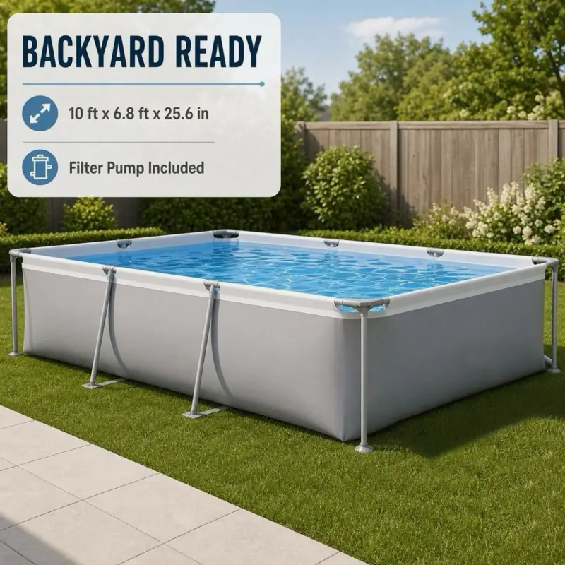 Above Ground Swimming Pool W/ Filter Pump Outdoor Rectangle Steel Frame Pool