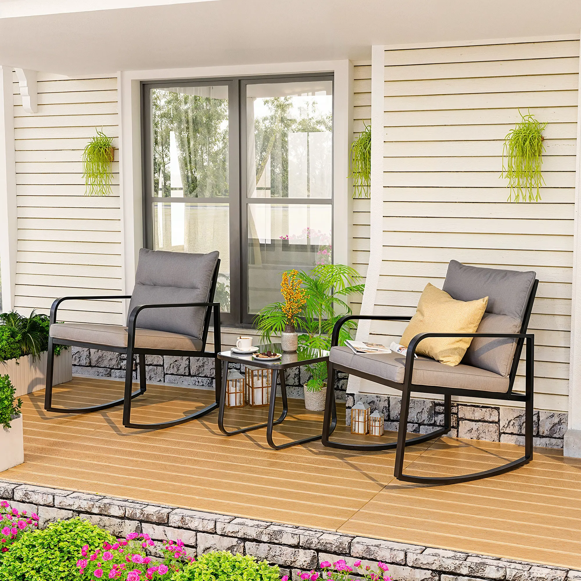 Gizoon 3 Piece Rocking Bistro Set Black Steel Patio Furniture Porch Chairs Conversation Set with Glass Coffee Table Back Cushion for Balcony Garden Deck Backyard,outdoorfurnitureset