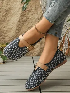 Women's Floral Square Toe Flat Shoes, Breathable Flats Closed-Toe Slip-Ons for Summer, Casual and Stylish Daily Footwear for Women