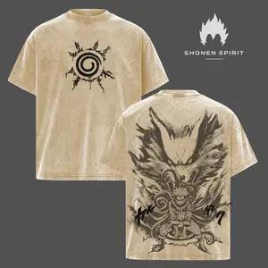 Naruto x Kurama Chakra Mode Washed T-Shirt, Double Sided Vintage Graphic Tee, Oversized Unisex Streetwear Inspired By Naruto Series