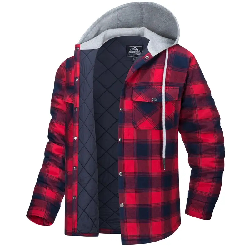 MAGCOMSEN Men's Cozy Quilted Lined Hooded Plaid Cotton Flannel Fabric Shirt Coat - Long Sleeve Button Down, Windproof, Padded Basic Menswear Top for Fall Winter Christmas Thanksgiving Outdoor Activities