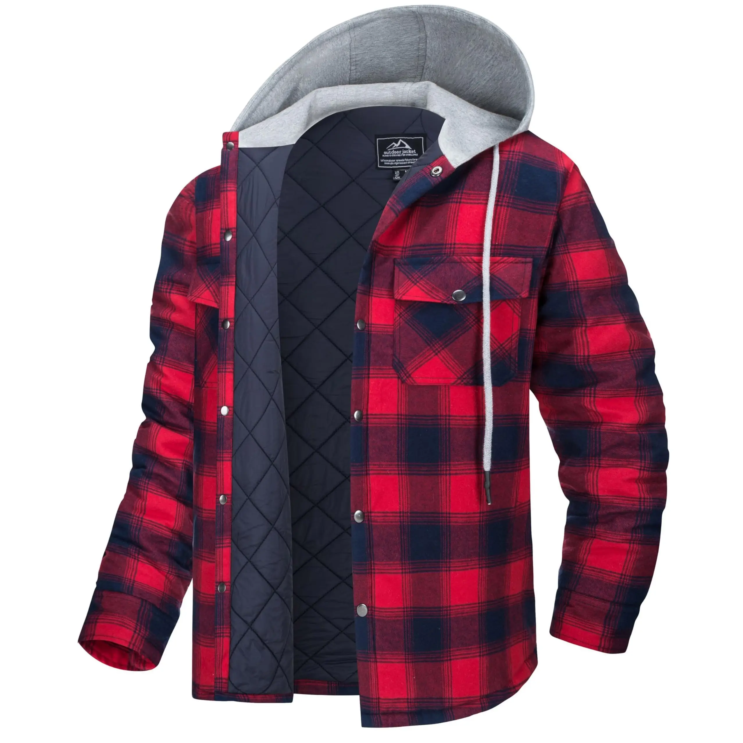 MAGCOMSEN Men's Flannel Shirt Jacket with Hood Quilted Lined Long Sleeve Plaid Hooded Jacket Button Down Spring Winter Warm Coat ntain Windproof Rain