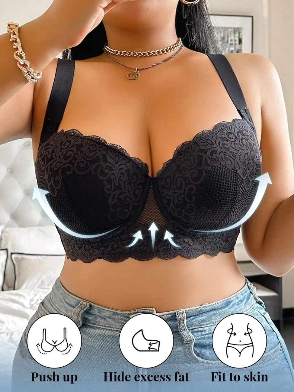 Sexy Lace Plus Size Comfortable Seamless Gathered Adjustable Underwire Bra 1pc Lingerie Lift High Support Black Contrast Lace Scallop Style Casual Comfy for Everyday Wear - Bride