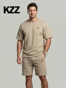 KZZ Men's Solid Textured Patched Tee & Drawstring Waist Shorts Set Regular Fit Casual Round Neck Short Sleeve T-shirt & Pocket Shorts Men's Summer Clothes Casual Outfit Set