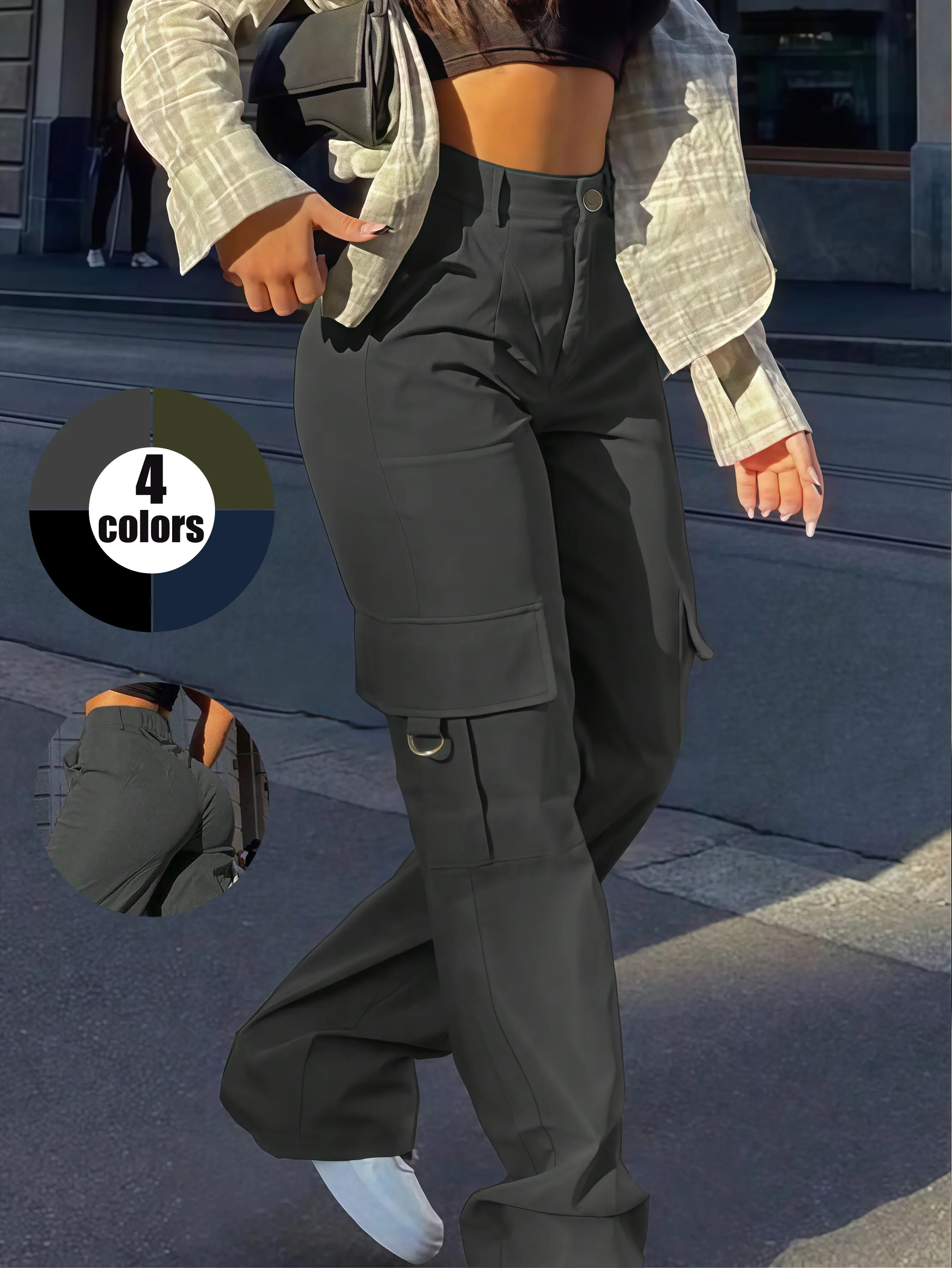 Women’s high-waisted cargo wide-leg pants with multiple pockets, metal D-ring detailing, elastic waistband at the back hem, relaxed drape, streetwear casual style.