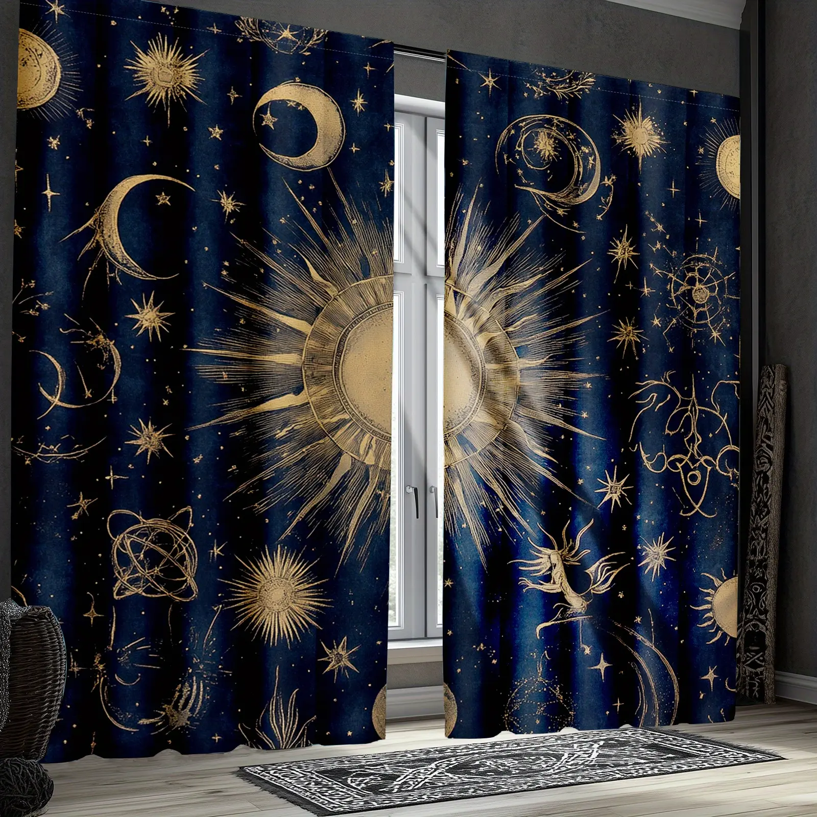 Bohemian Dark Blue Sheer Light 2-Piece Curtains - Abstract Art Sun-Moon Galaxy Constellations Glitter Design Home Textile, Living Room Decor Household Interior Accessories, Bohemian Curtains
