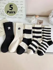 Women's 5 Pairs Colorblock Striped Star Print Round Neck Socks, Moisture Wicking Breathable Everyday Fitted Casual Socks for All Seasons