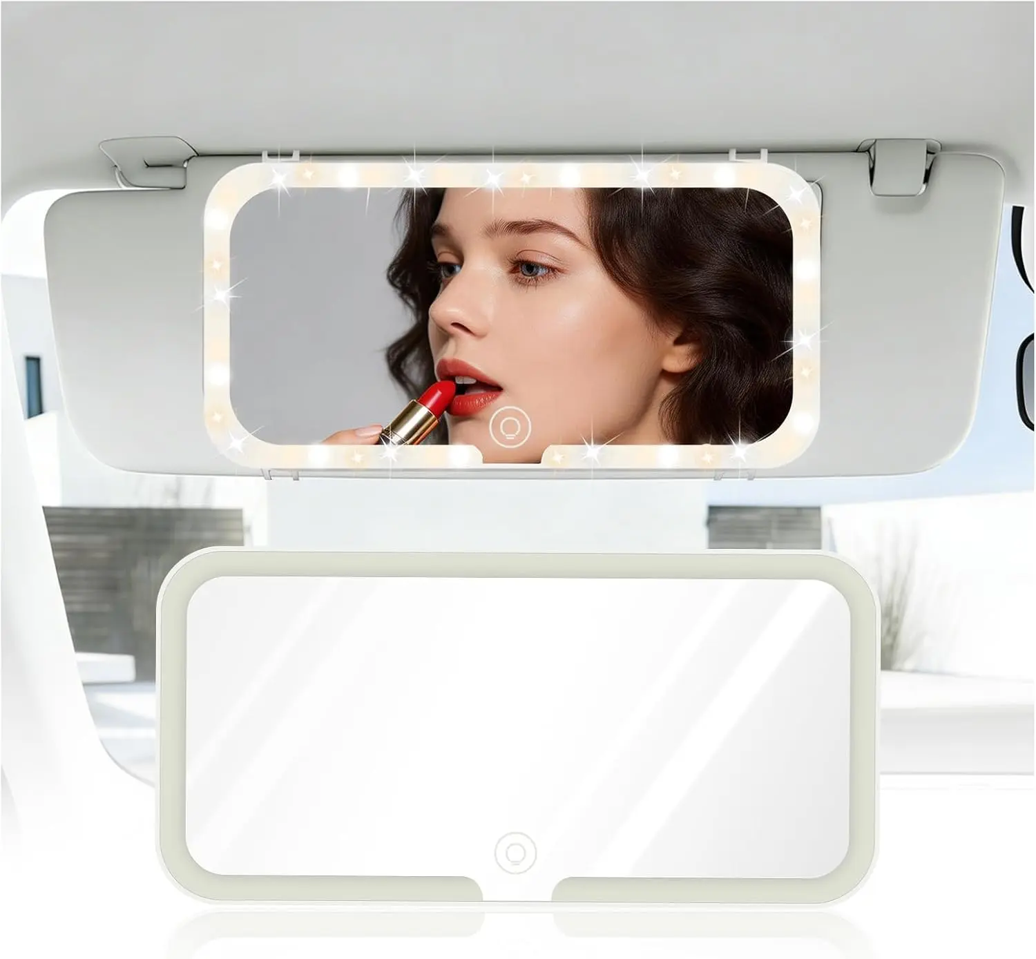 Multifunctional LED Car Sun Visor Vanity Mirror with 3 LED Lights & 1500mAh USB Rechargeable Battery, All Vehicle In-Car Makeup & Female Interior Decor, Touch Control Dimmable Bicolor Fill Light Mirror, Universal Girly Stylish Car Interior Accessory
