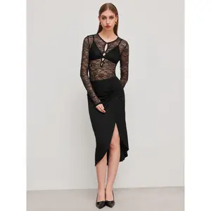 Cider [size 2-10] Lace Round Neckline Cut Out Bowknot 	See-through Bodysuit & Mid Rise Ruched Split Midi Skirt Set