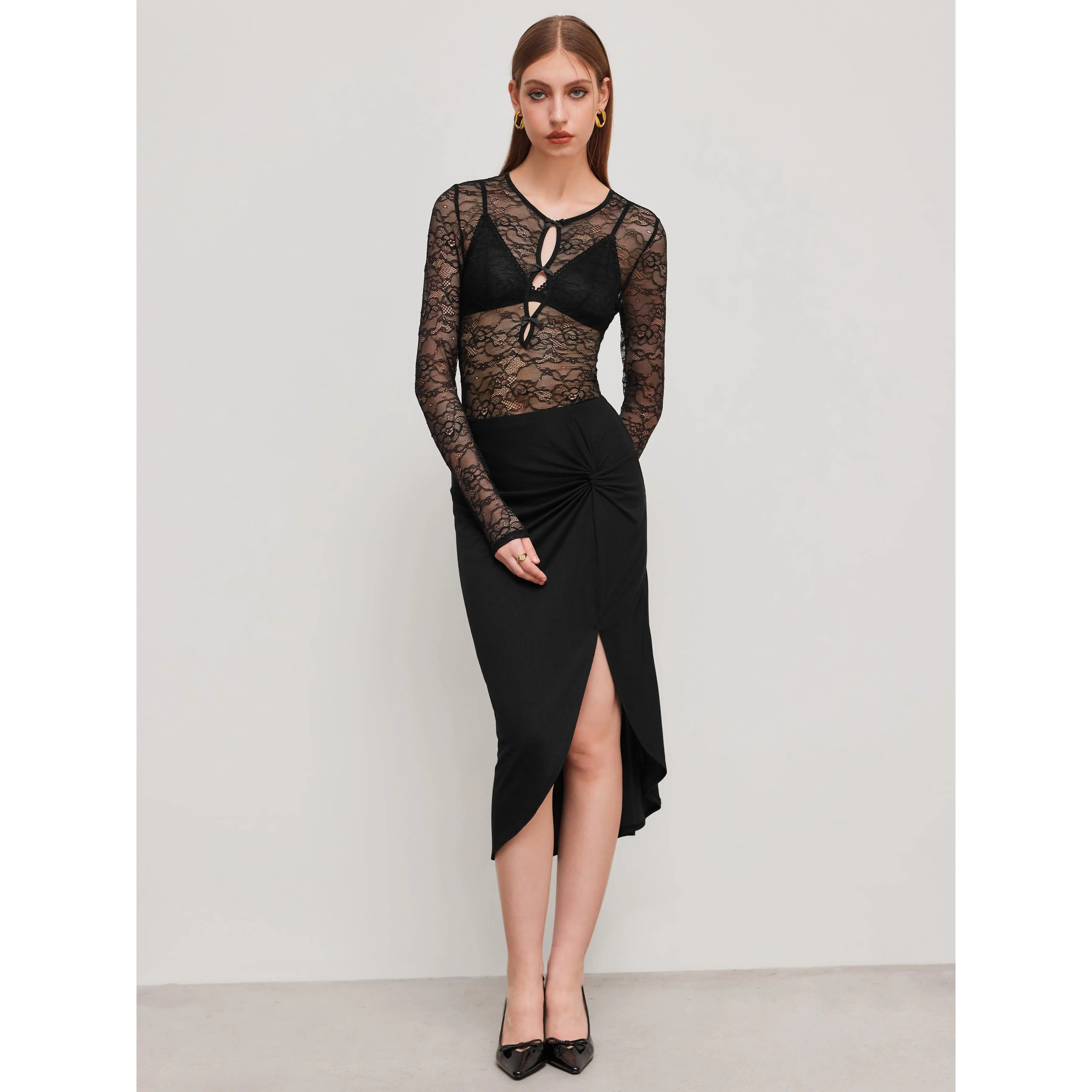 Cider [size 2-10] Lace Round Neckline Cut Out Bowknot See-through Bodysuit  & Mid Rise Ruched Split Midi Skirt Set SwimWeek - TikTok Shop