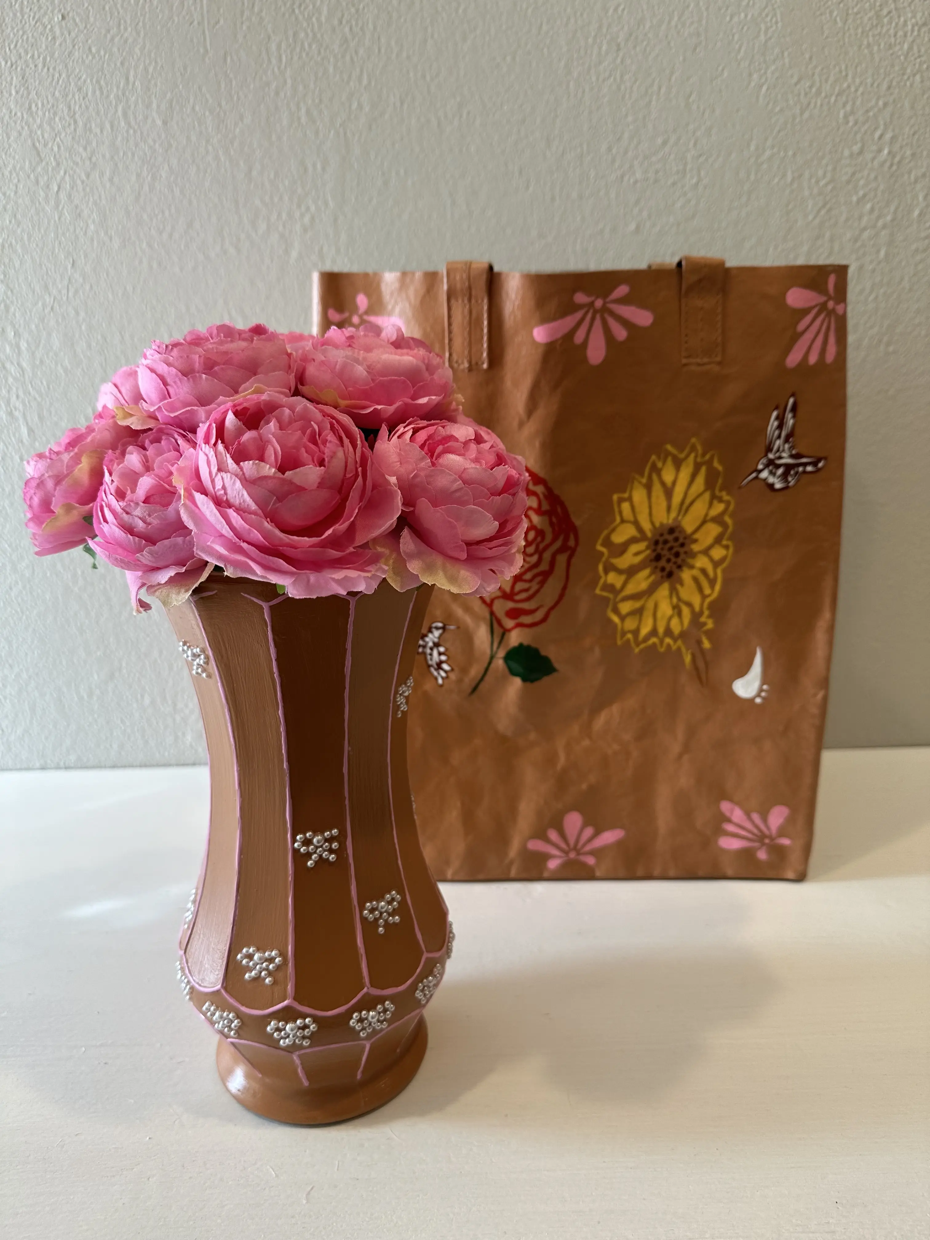 Coquette Vase - Brown Base with Pearl Bows Decorative Flower Vase 10x5x5 Inches Elegant Glam Design for Home Ornaments