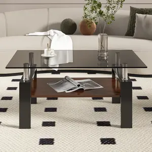 Glass Coffee Table for Living Room, Gray Glass Coffee Table with Storage Shelf, Rectangle Coffee Tabletop with Black Metal Legs for Apartment, Office