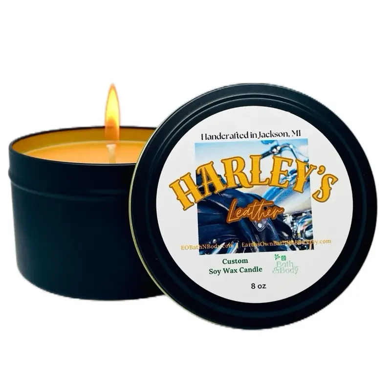 Harley’s Leather Candle Scent - Smells Like The Open Road, Rebels & Freedom! Black 8 oz Tin
