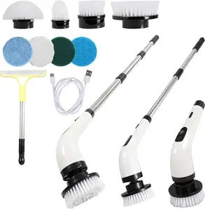 Spin Scrubber, Waterproof Cleaner with 7 Brush Heads,1 Window Squeegee,2 Speeds Long Handle for,, Shower, Tile & (White)