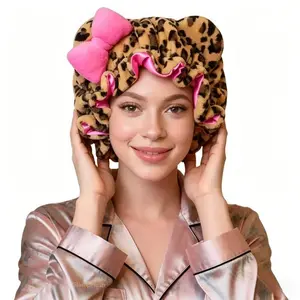 Leopard Print Plush Sleep Cap — Adjustable, Satin-Lined Hair Protection Bonnet — Cute & Soft Headwear for Women's Daily & Nighttime Hair Care