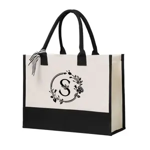 Floral Monogram Letter S Canvas Tote Bag Elegant Black and White Personalized Initial Handbag Reusable Shopping Bag for Everyday Use Stylish Womens Gift for Mothers Day Birthday Anniversary Christmas and Special Occasions