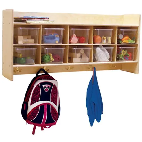 Plywood Wall Mount Wall Locker with Cubby Shelf, Cubby Storage, 10 Translucent Trays, 46.75 x 12 x 24.75 in, 54 lbs
