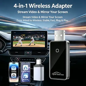 2026 4-in-1 Wireless CarPlay Adapter, For iPhone & Android, AirPlay Miracast Screen Mirroring.2-in-1 Wireless CarPlay Adapter for iPhone,Convert Wired to Wireless CarPlay,Plug & Play with USB-A to USB-C Converter, Fits 2014-2026 Most Cars