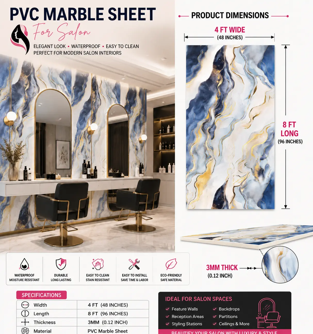 4 × 8 FT - PVC Marble Sheet (Black-office/lounge) - 1892301