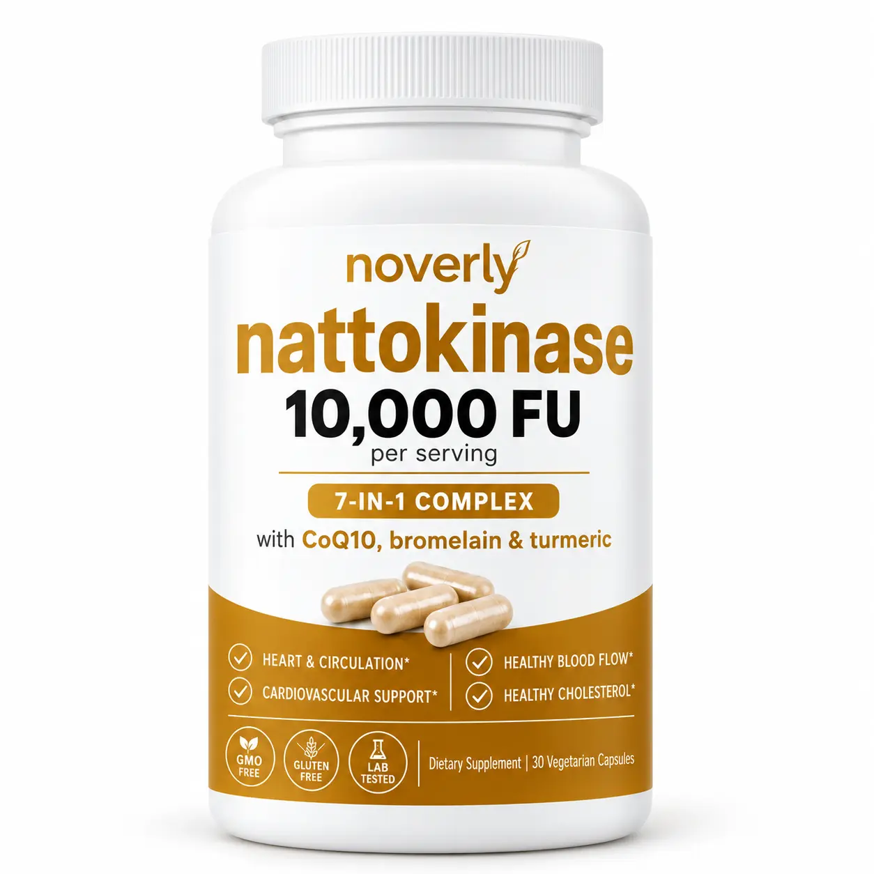 noverly Nattokinase 10,000 FU Capsules, 7-in-1 Enzyme Complex with CoQ10, Bromelain, Turmeric & Aged Garlic, Daily Wellness Support, 30 Capsules
