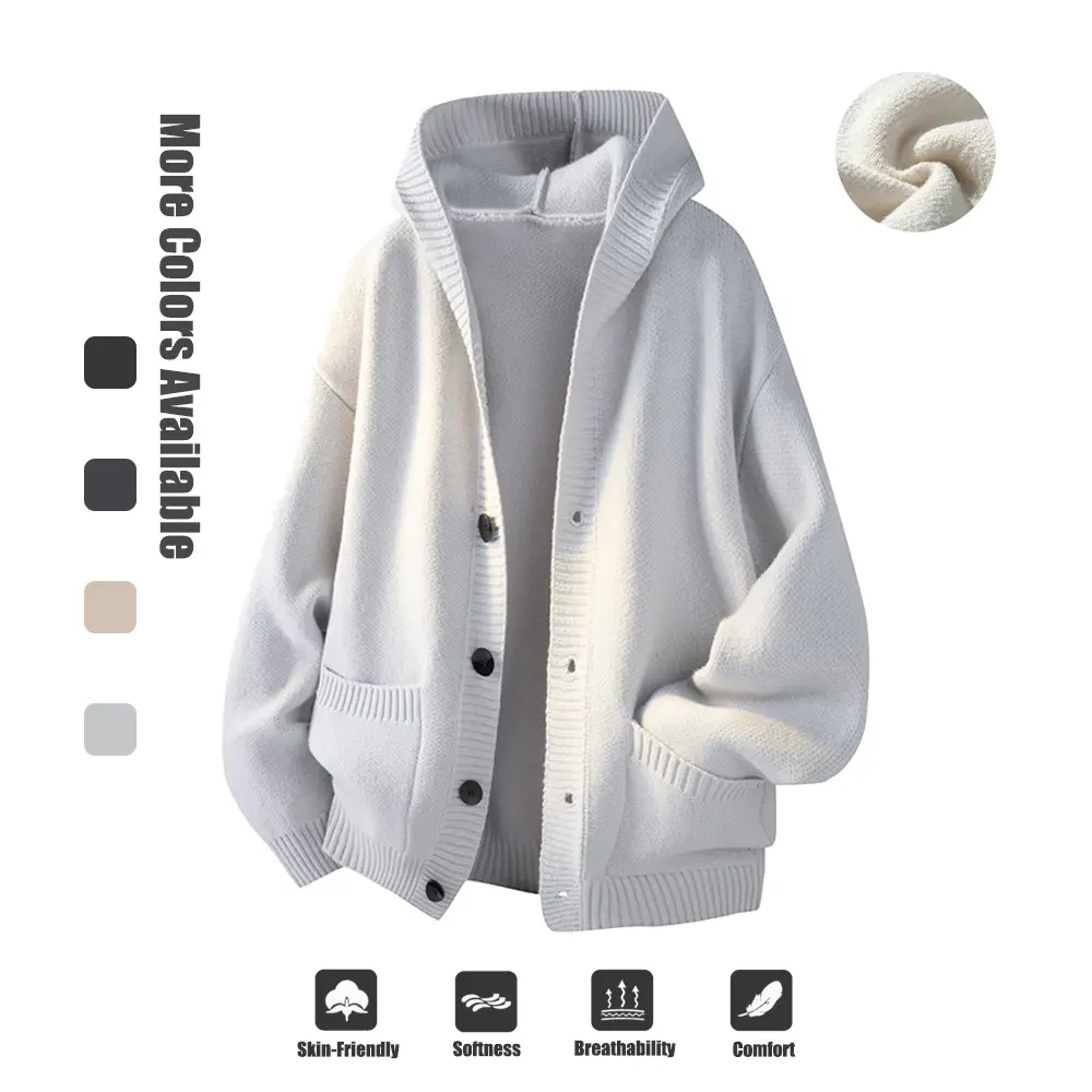 Casual hooded knit jacket with buttons, relaxed fit with a hood, rich knit texture, side storage pockets, available in multiple colors, suitable for relaxing at home, light social occasions, and layering for short outings.