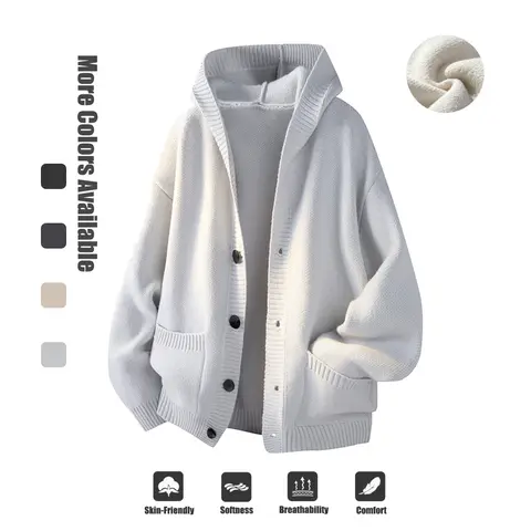 Casual hooded knit jacket with buttons, relaxed fit with a hood, rich knit texture, side storage pockets, available in multiple colors, suitable for relaxing at home, light social occasions, and layering for short outings.