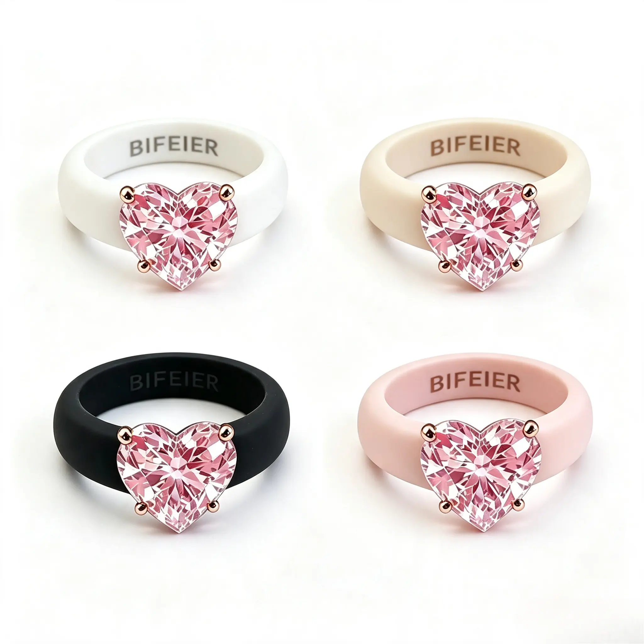 Cute Pink Heart Cut Cubic Zirconia Solitaire Ring Soft Wide Silicone Band Rose Gold 4 Prong Setting White Cream Black Pink Blue Stackable Comfort Statement Promise Fashion Jewelry Gift for Women Teen Girls