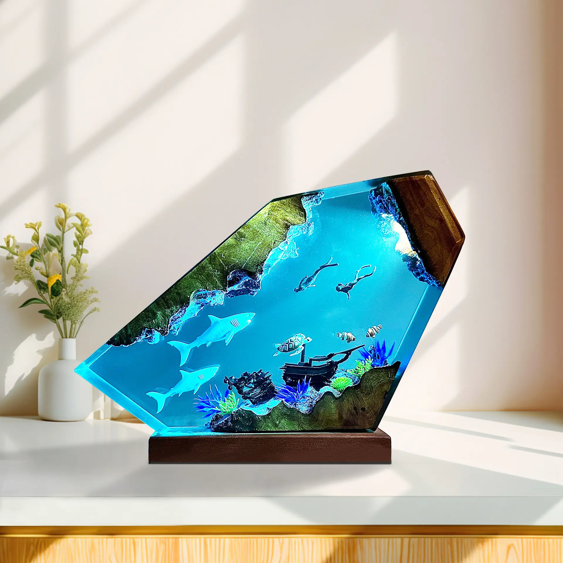 Handmade Shark Resin Lamp with Multi-Color LED, USB Port - Unique Night Light for Home Office, Perfect Gift for Birthdays, Holidays, Valentine’s Day (Men, Kids)